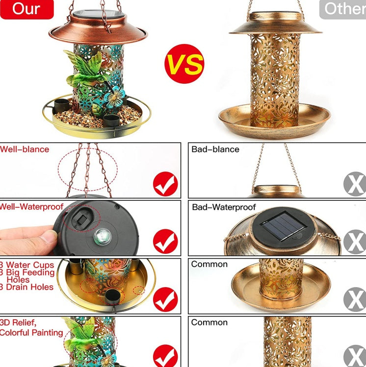 HKM-717331 Solar Bird Feeder and Garden Lantern - Outdoor Hanging Metal Feeder with S Hook for Bird Enthusiasts