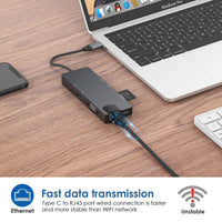 HKM-717587 USB-C Multiport Adapter with HDMI, VGA, USB Hub, and Card Reader for Notebooks