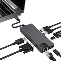 HKM-717587 USB-C Multiport Adapter with HDMI, VGA, USB Hub, and Card Reader for Notebooks