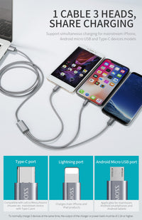 HKM-717779 3-in-1 Nylon Braided USB Cable – 1.5M for iPhone, Type C, Micro USB, 2.0A Output