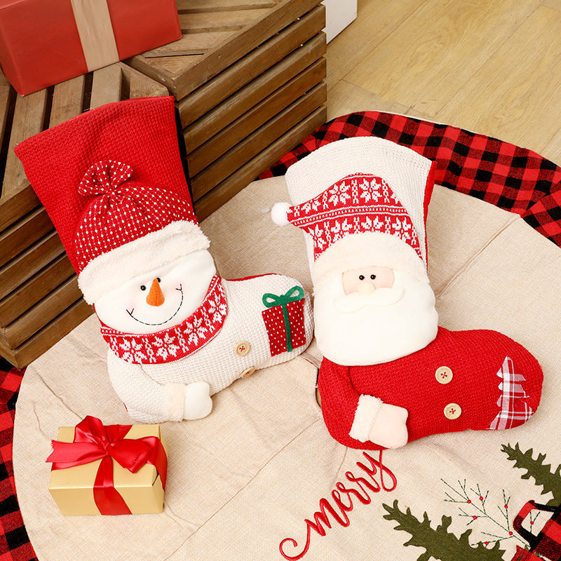 HKM-718163 Large Red and White Knitted Christmas Stocking with Santa Claus Design for Holiday Decoration and Gift Giving