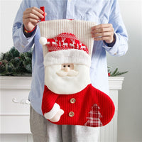 HKM-718163 Large Red and White Knitted Christmas Stocking with Santa Claus Design for Holiday Decoration and Gift Giving