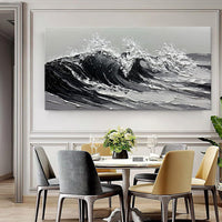 HKM-718483 Large Gray and White Seawaves Oil Painting on Canvas, Handmade Textured Wall Art for Living Room Decor