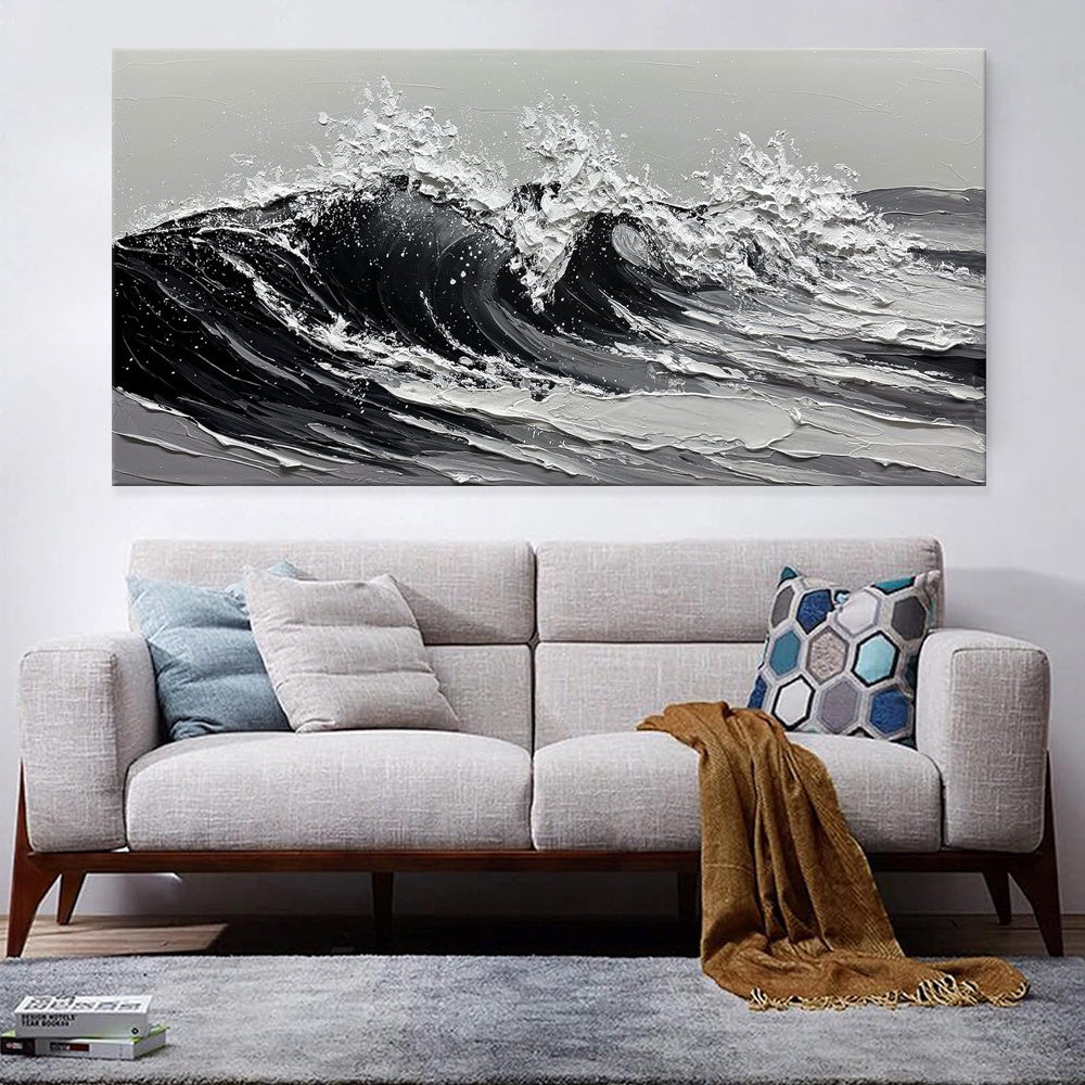 HKM-718483 Large Gray and White Seawaves Oil Painting on Canvas, Handmade Textured Wall Art for Living Room Decor