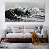 HKM-718483 Large Gray and White Seawaves Oil Painting on Canvas, Handmade Textured Wall Art for Living Room Decor