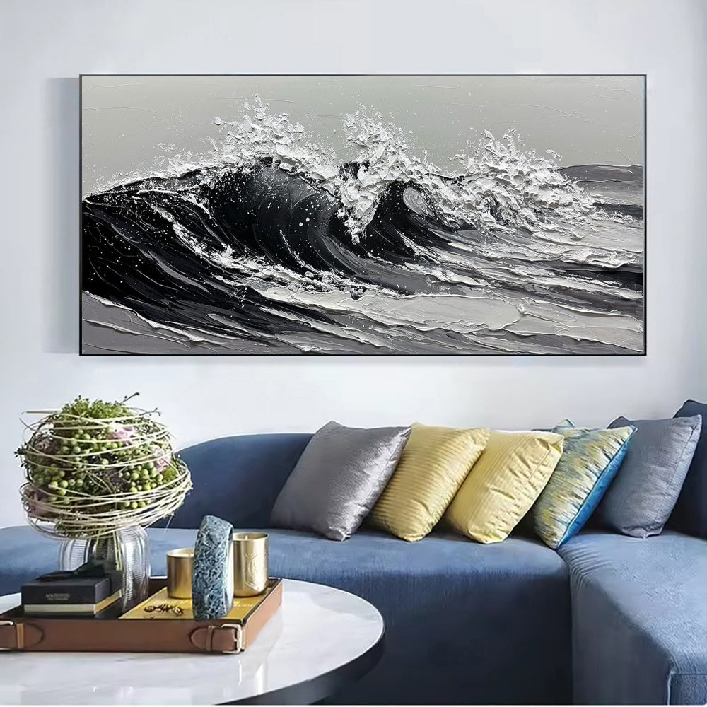 HKM-718483 Large Gray and White Seawaves Oil Painting on Canvas, Handmade Textured Wall Art for Living Room Decor