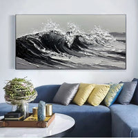 HKM-718483 Large Gray and White Seawaves Oil Painting on Canvas, Handmade Textured Wall Art for Living Room Decor
