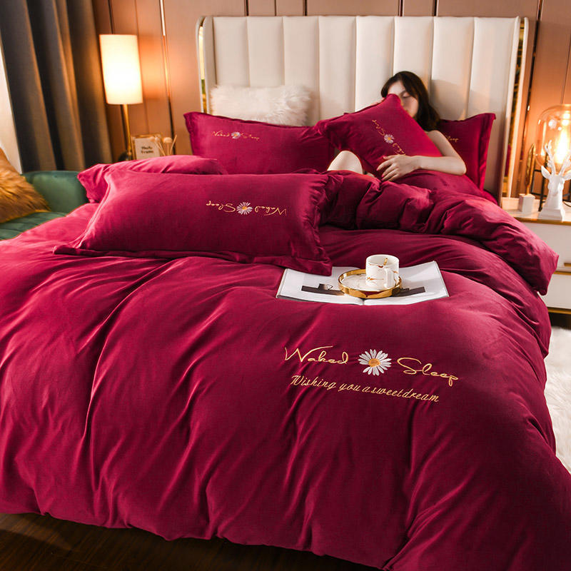 HKM-719379 Embroidered Crystal Velvet 4-Piece Bedding Set - Soft and Comfortable Design