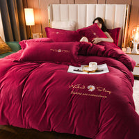 HKM-719379 Embroidered Crystal Velvet 4-Piece Bedding Set - Soft and Comfortable Design