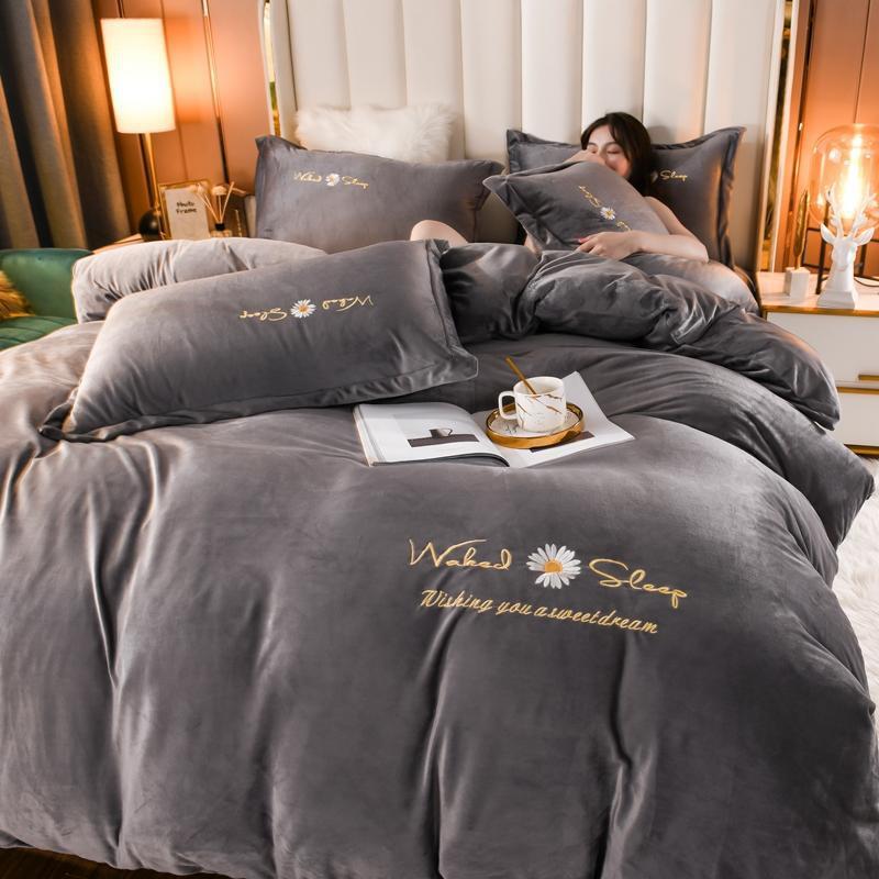 HKM-719379 Embroidered Crystal Velvet 4-Piece Bedding Set - Soft and Comfortable Design