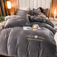 HKM-719379 Embroidered Crystal Velvet 4-Piece Bedding Set - Soft and Comfortable Design