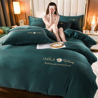 HKM-719379 Embroidered Crystal Velvet 4-Piece Bedding Set - Soft and Comfortable Design
