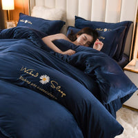 HKM-719379 Embroidered Crystal Velvet 4-Piece Bedding Set - Soft and Comfortable Design