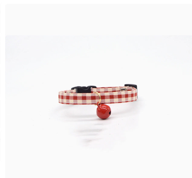 HKM-720403 Lightweight Adjustable Red Plaid Bell Collar for Cats - Size XS to L with Heart and Flower Designs