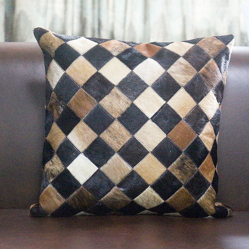 HKM-720915 Lattice Stitching Fur Pillow Cover - 45x45cm in Beige, Natural Black and White, Natural Grey, and Black Coffee