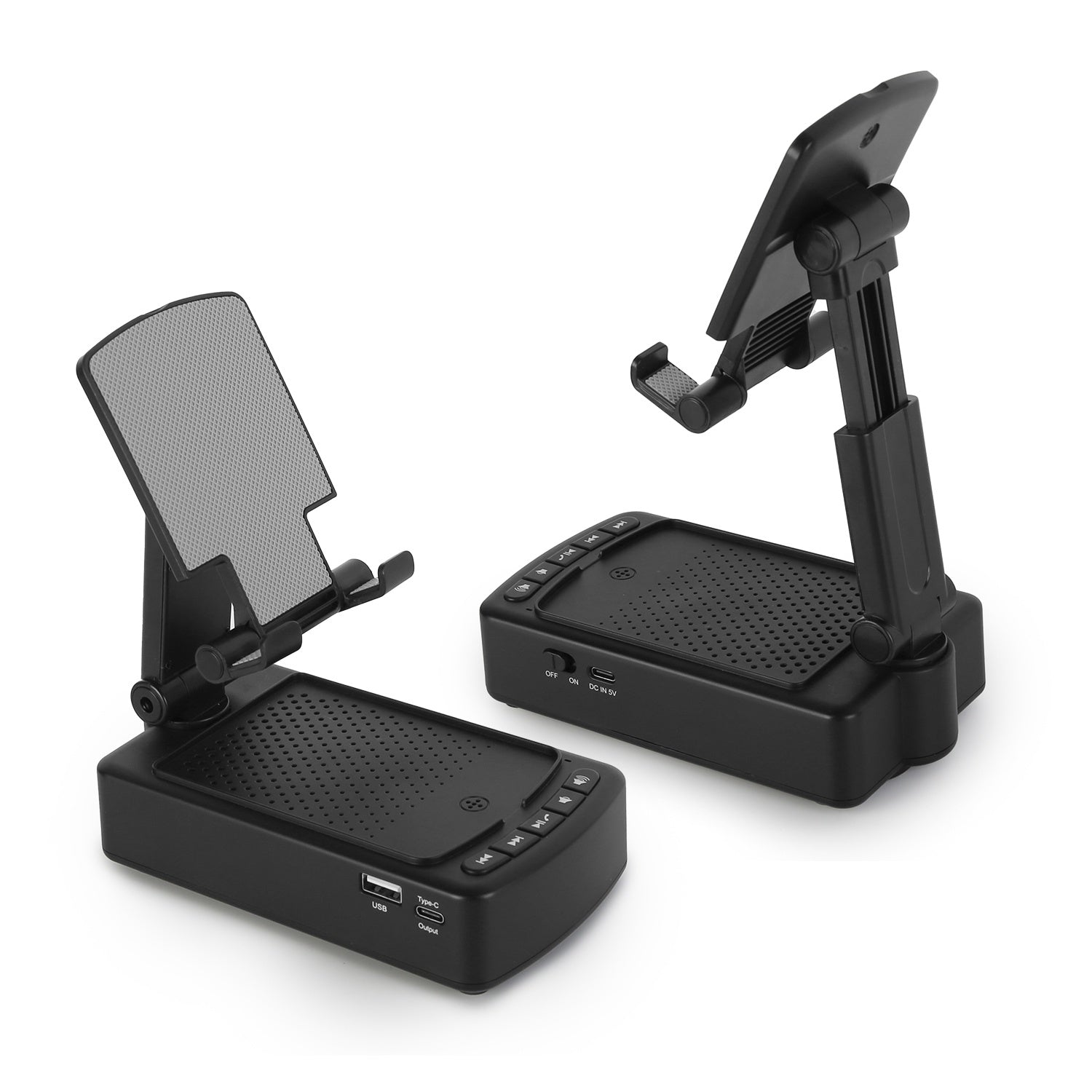 HKM-721043 3-in-1 Portable Cell Phone Stand with Wireless Speaker and Power Bank, Adjustable Height, Anti-Slip Base, Compatible with Phones and Tablets