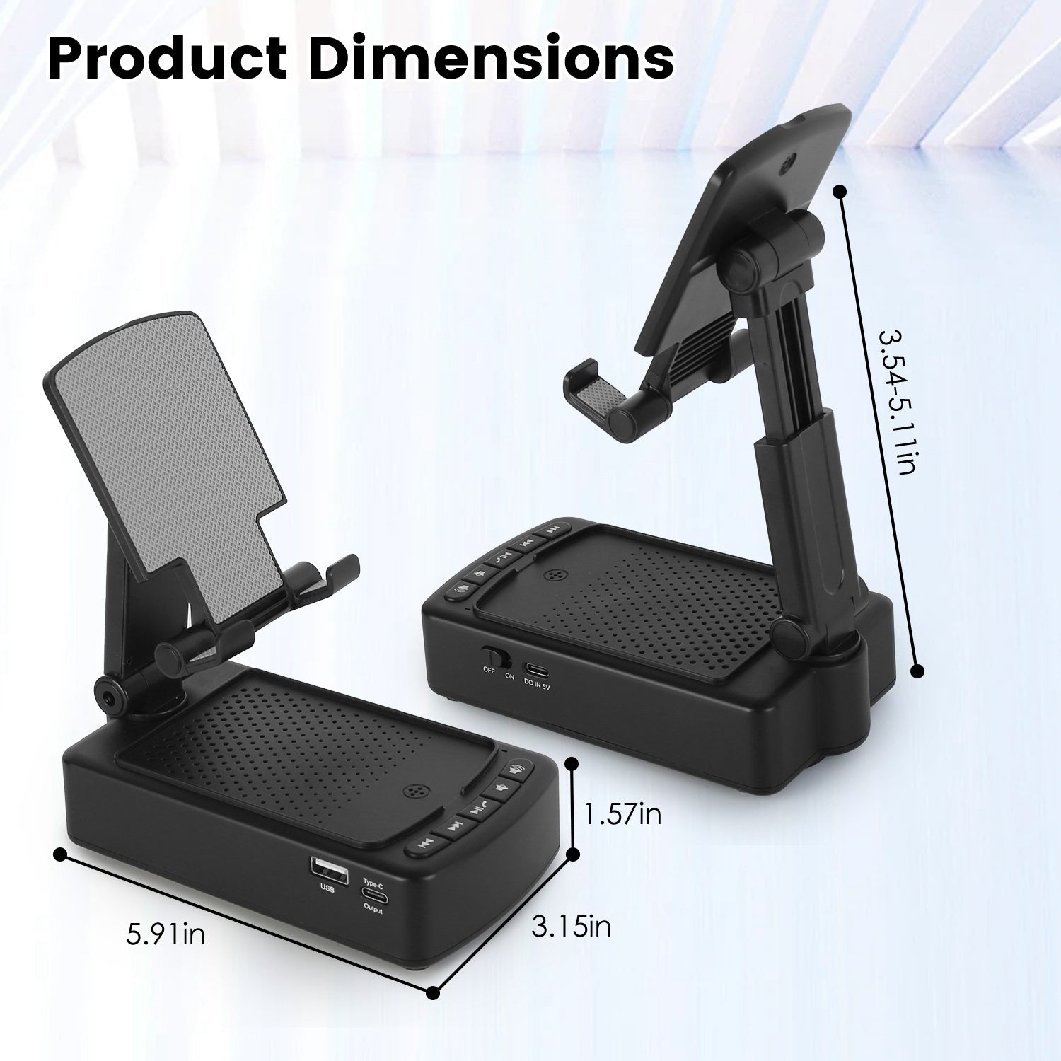 HKM-721043 3-in-1 Portable Cell Phone Stand with Wireless Speaker and Power Bank, Adjustable Height, Anti-Slip Base, Compatible with Phones and Tablets