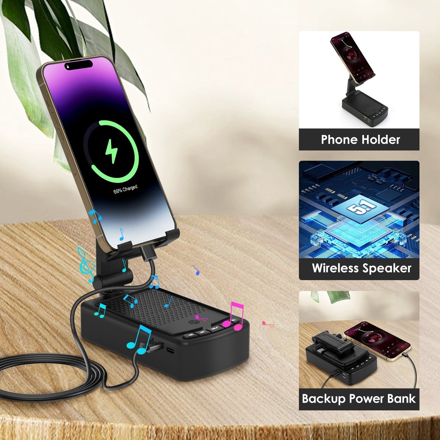 HKM-721043 3-in-1 Portable Cell Phone Stand with Wireless Speaker and Power Bank, Adjustable Height, Anti-Slip Base, Compatible with Phones and Tablets