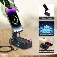 HKM-721043 3-in-1 Portable Cell Phone Stand with Wireless Speaker and Power Bank, Adjustable Height, Anti-Slip Base, Compatible with Phones and Tablets