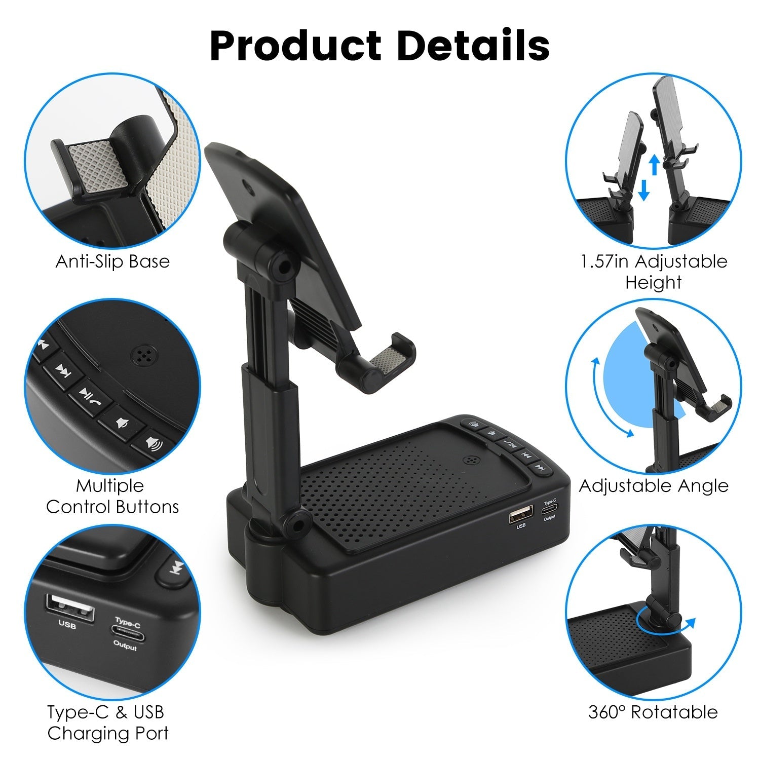 HKM-721043 3-in-1 Portable Cell Phone Stand with Wireless Speaker and Power Bank, Adjustable Height, Anti-Slip Base, Compatible with Phones and Tablets