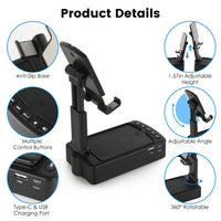 HKM-721043 3-in-1 Portable Cell Phone Stand with Wireless Speaker and Power Bank, Adjustable Height, Anti-Slip Base, Compatible with Phones and Tablets