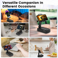 HKM-721043 3-in-1 Portable Cell Phone Stand with Wireless Speaker and Power Bank, Adjustable Height, Anti-Slip Base, Compatible with Phones and Tablets