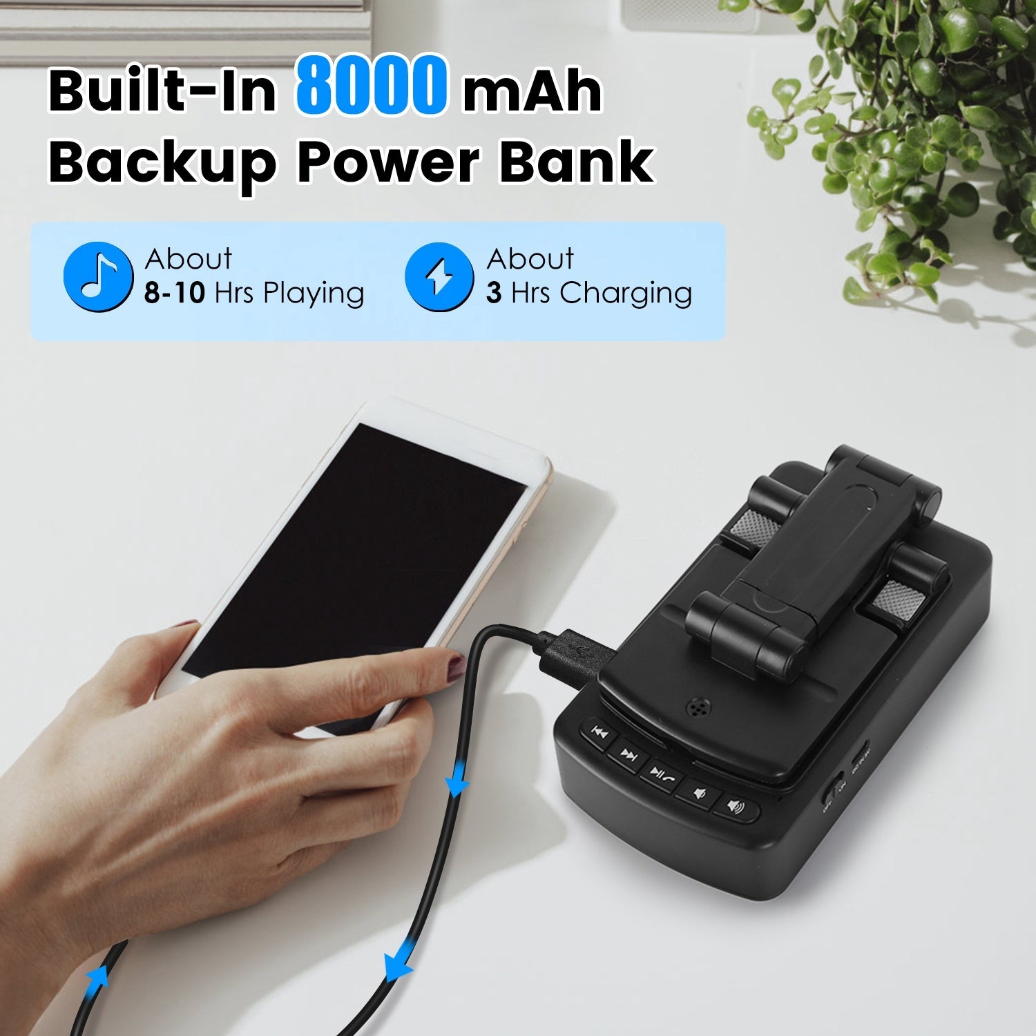 HKM-721043 3-in-1 Portable Cell Phone Stand with Wireless Speaker and Power Bank, Adjustable Height, Anti-Slip Base, Compatible with Phones and Tablets