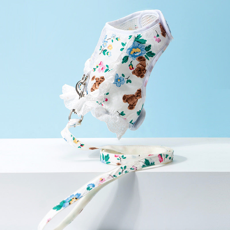 HKM-721043 Spring Pet Little Daisy Embroidery Chest Traction Strap for Small Dogs