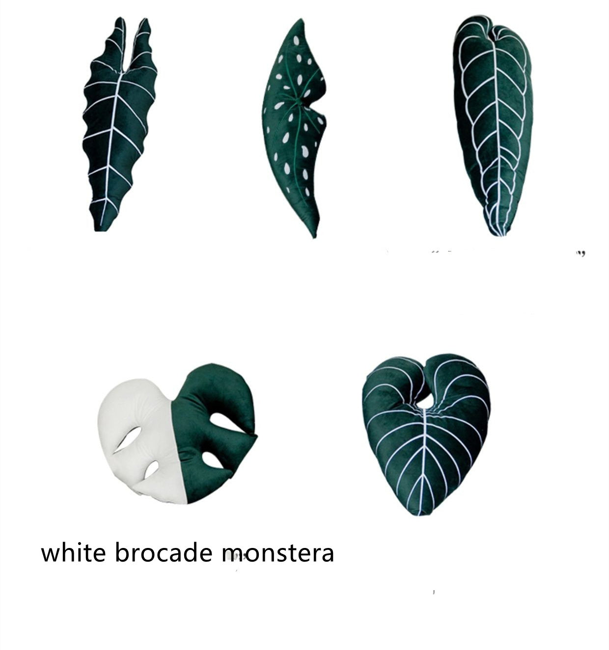 HKM-722067 White Brocade Monstera Lumbar Pillow - Modern Alien Shape Cushion with PP Cotton Filling, 35x38 cm