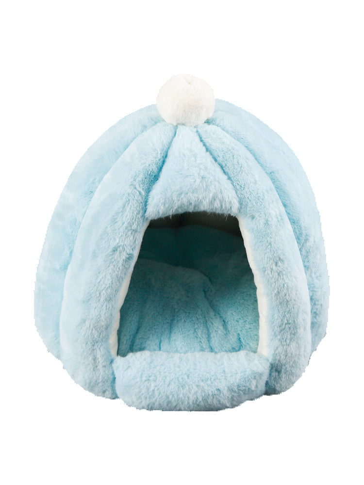 HKM-722131 Warm Seal Petal Doghouse in Lotus Root Pink, Sea Blue, and Brown - Soft Rabbit Fur Design