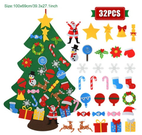 HKM-722451 DIY Felt Christmas Tree with 32 Decorations for Toddlers, Holiday Wall Hanging Ornament Set