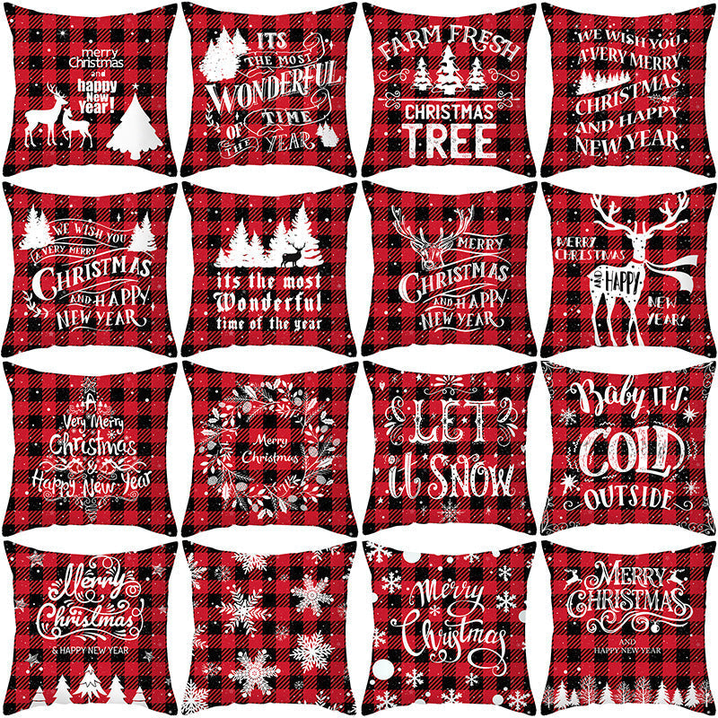 HKM-722963 Red Plaid Christmas Pillow Cover, Peach Skin Fabric, Modern 45x45cm Cushion Cover