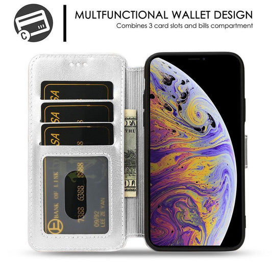 HKM-725395 Flip Top Soft Leather Phone Case for iPhone Models with Card Slots and Viewing Stand