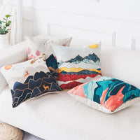 HKM-725523 Mountain Tree Sunrise Scenery Cushion Cover - 45x45cm Linen Pillowcase for Living Room and Bedroom