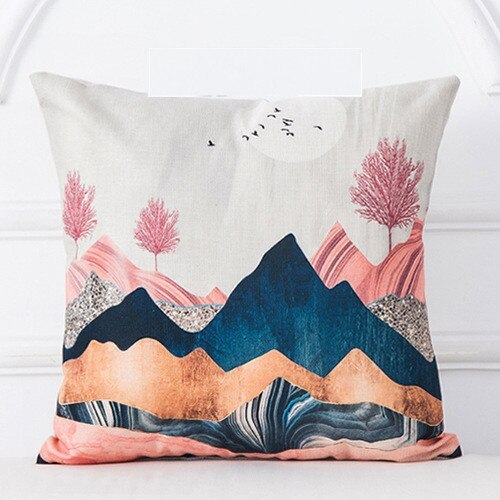 HKM-725523 Mountain Tree Sunrise Scenery Cushion Cover - 45x45cm Linen Pillowcase for Living Room and Bedroom