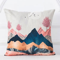 HKM-725523 Mountain Tree Sunrise Scenery Cushion Cover - 45x45cm Linen Pillowcase for Living Room and Bedroom