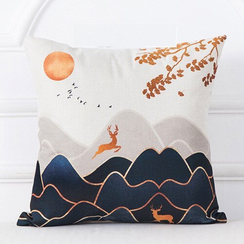 HKM-725523 Mountain Tree Sunrise Scenery Cushion Cover - 45x45cm Linen Pillowcase for Living Room and Bedroom