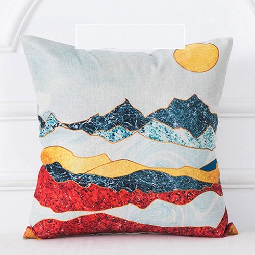 HKM-725523 Mountain Tree Sunrise Scenery Cushion Cover - 45x45cm Linen Pillowcase for Living Room and Bedroom