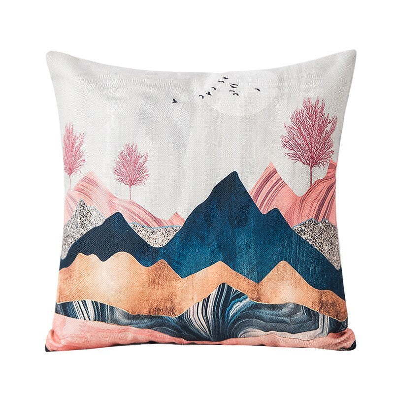HKM-725523 Mountain Tree Sunrise Scenery Cushion Cover - 45x45cm Linen Pillowcase for Living Room and Bedroom