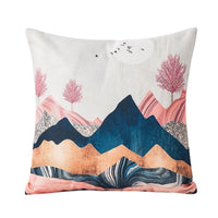HKM-725523 Mountain Tree Sunrise Scenery Cushion Cover - 45x45cm Linen Pillowcase for Living Room and Bedroom