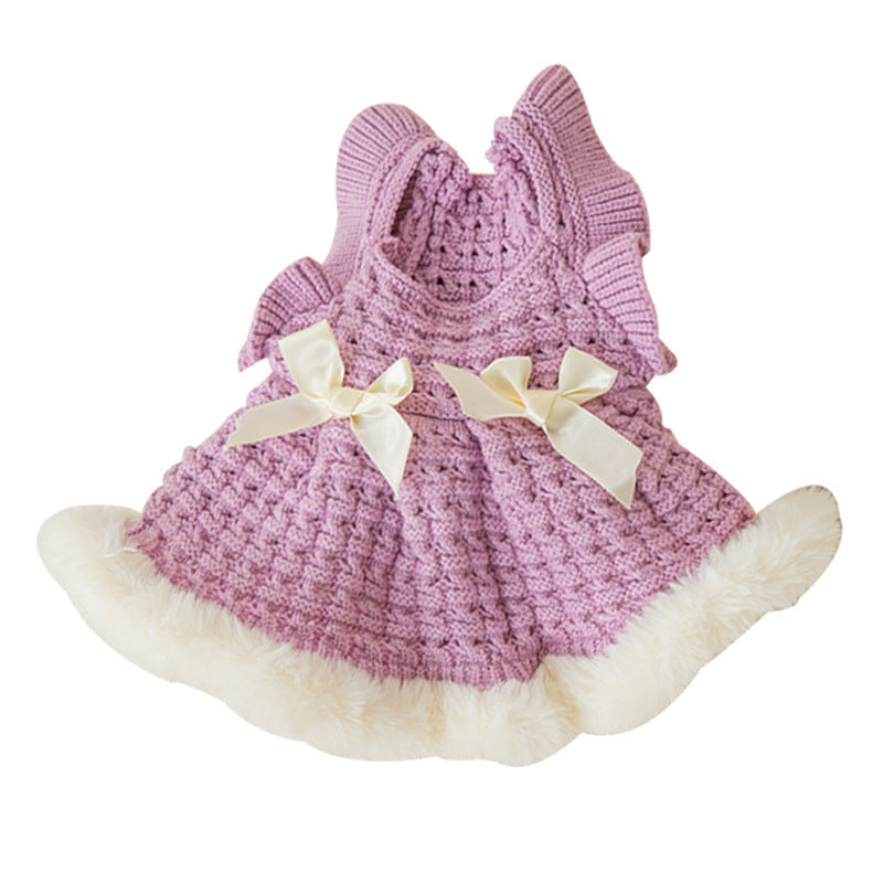 HKM-725715 Princess Bow Sweater Skirt for Pets - Core-Spun Yarn in Purple and White, Multiple Sizes Available