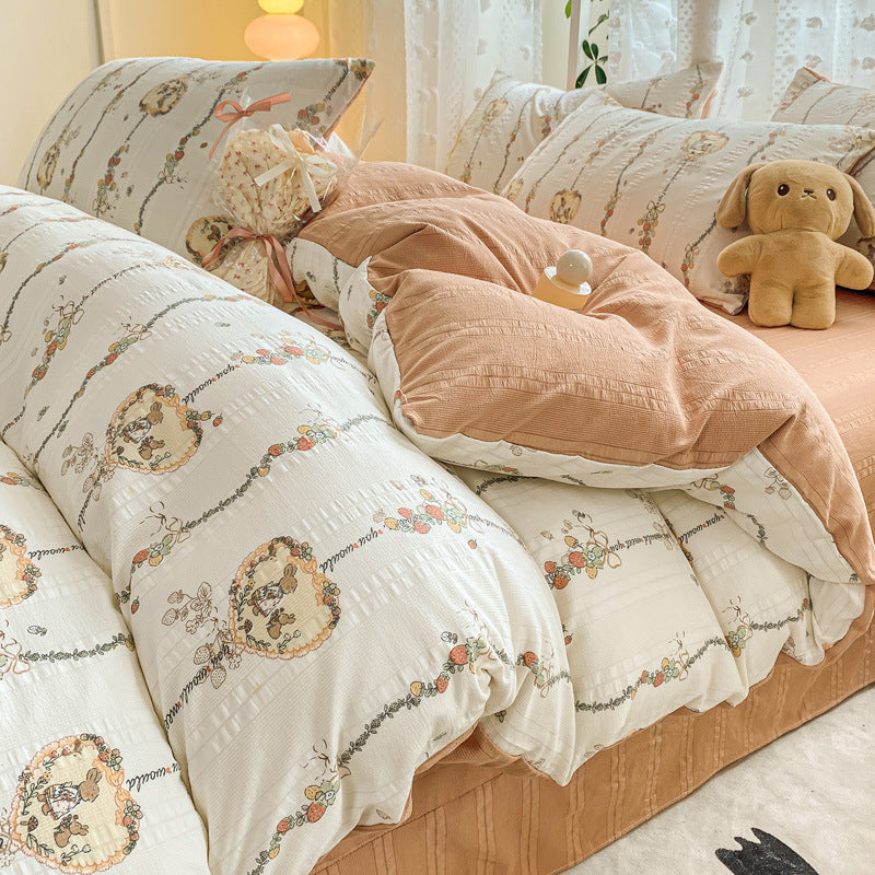 KTX-726099 Jacquard Yarn Cotton Mattress Cover Set with Cartoon and Floral Pattern, Available in Multiple Sizes