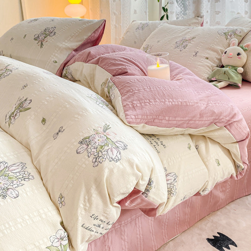 KTX-726099 Jacquard Yarn Cotton Mattress Cover Set with Cartoon and Floral Pattern, Available in Multiple Sizes