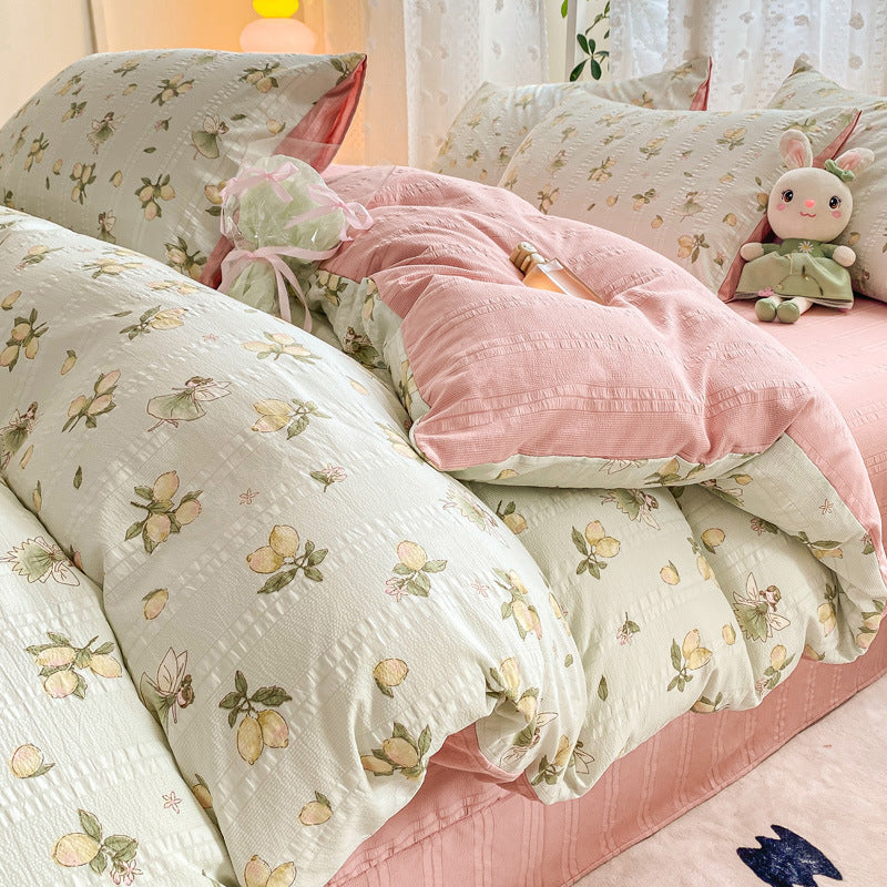 KTX-726099 Jacquard Yarn Cotton Mattress Cover Set with Cartoon and Floral Pattern, Available in Multiple Sizes