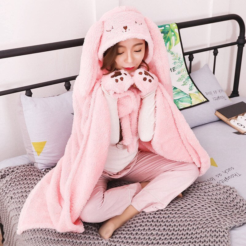 HKM-726611 Cartoon Coral Fleece Shawl Cape Blanket in Mint Green and Light Pink