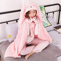 HKM-726611 Cartoon Coral Fleece Shawl Cape Blanket in Mint Green and Light Pink