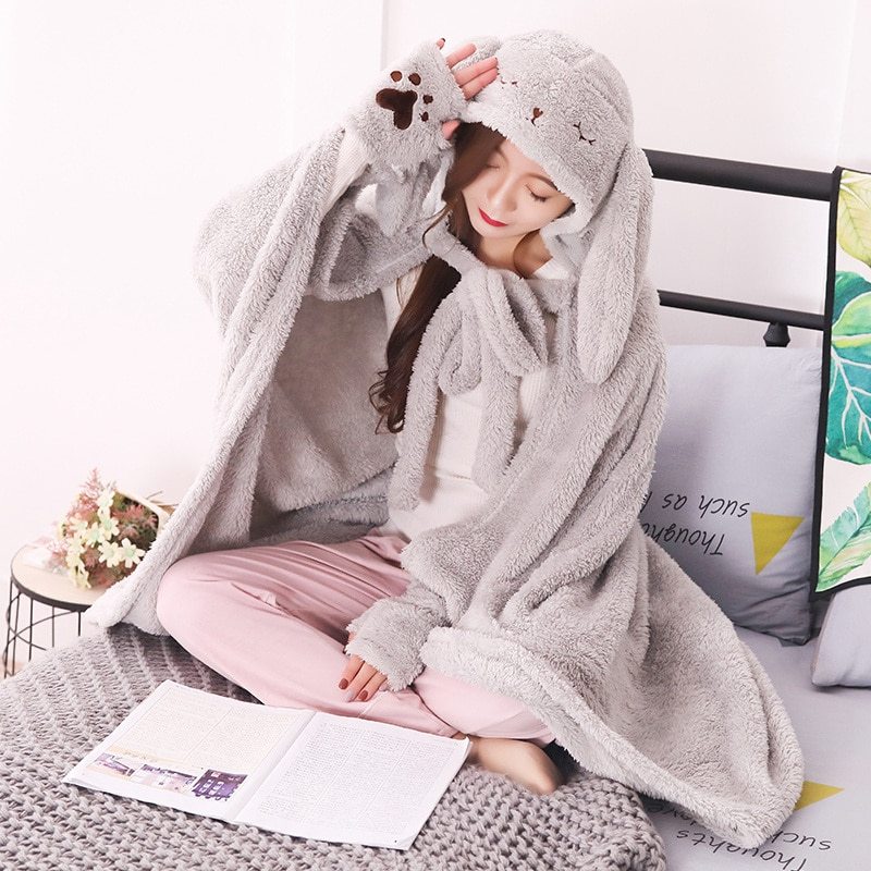 HKM-726611 Cartoon Coral Fleece Shawl Cape Blanket in Mint Green and Light Pink