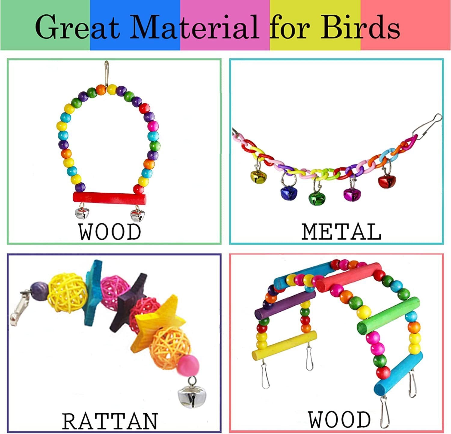 HKM-727379 7-Piece Wooden Parrot Toys Set for Bird Cage Accessories