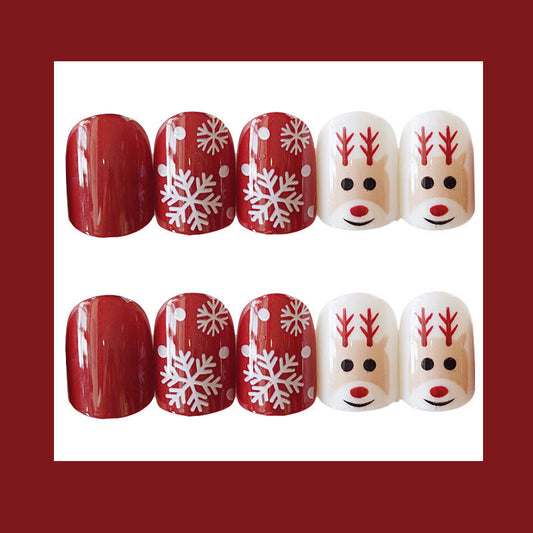 HKM-728211 Artificial Snowflake Elk Cartoon Design Fake Nails - Set of 24 for Festive Manicure