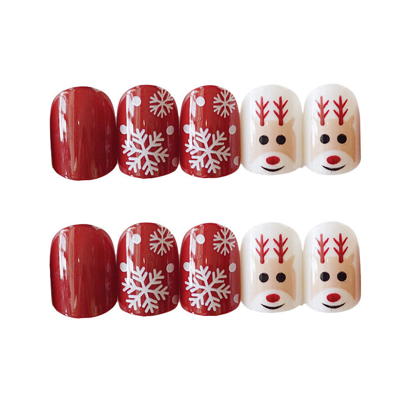 HKM-728211 Artificial Snowflake Elk Cartoon Design Fake Nails - Set of 24 for Festive Manicure